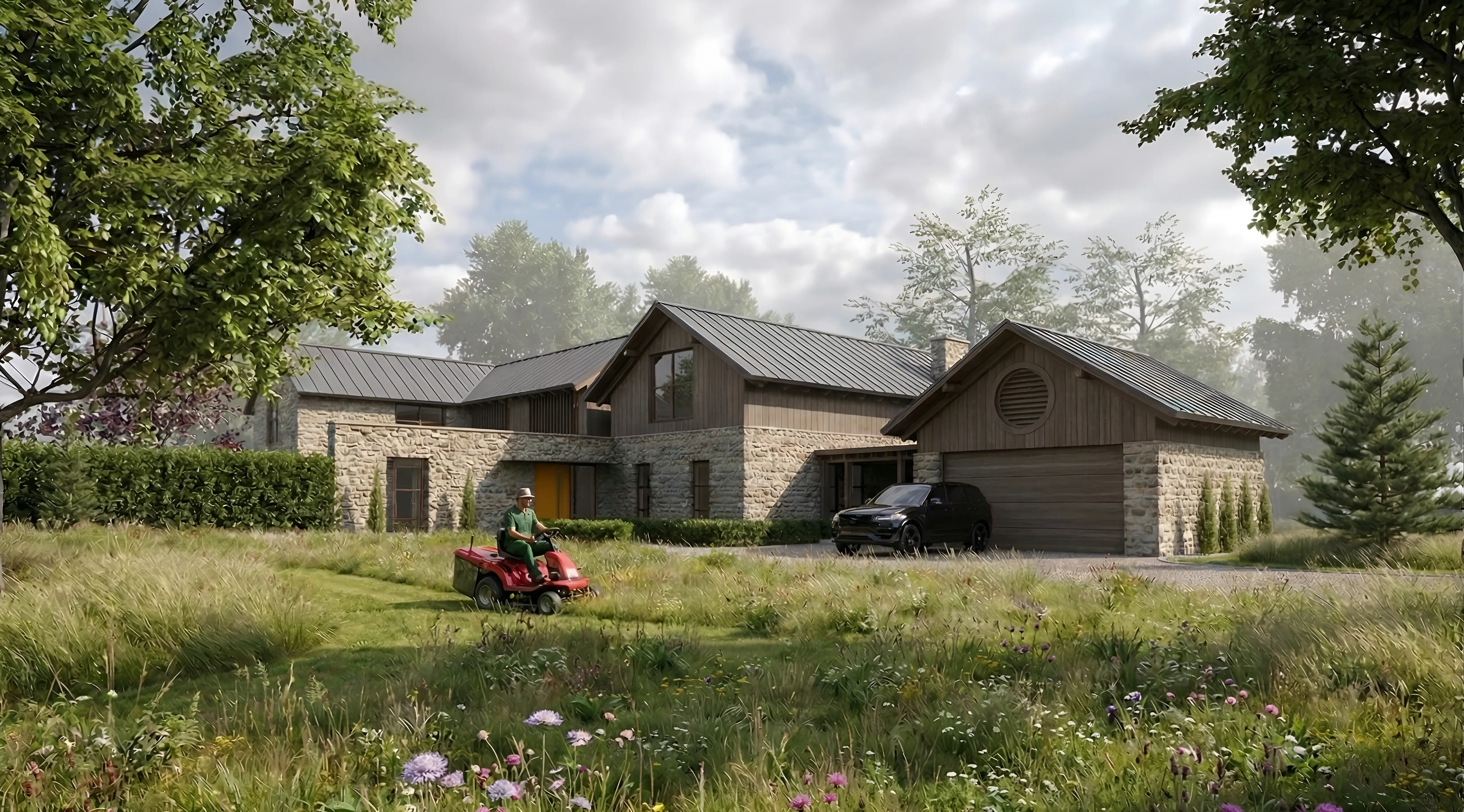 CGI render of Pitt House, a new stone and timber family dwelling at Bembridge, seen across the wildflower meadow