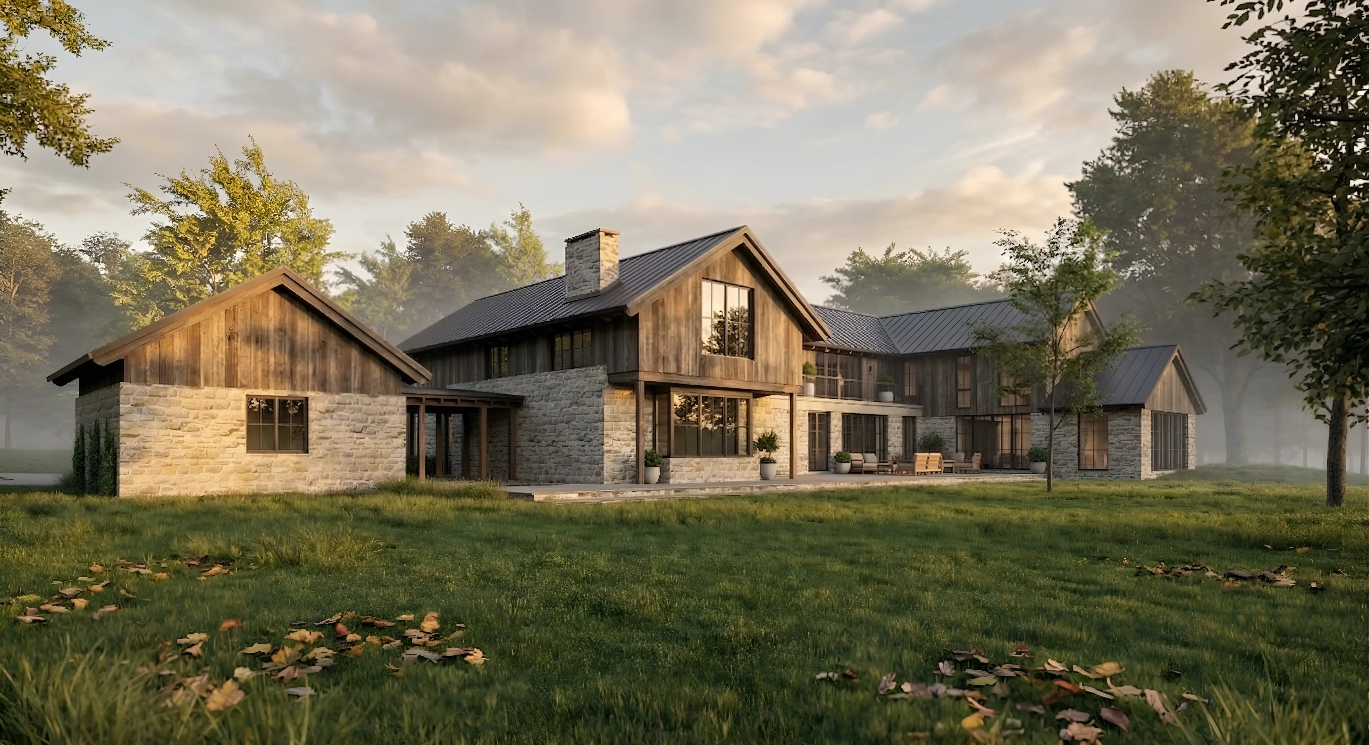 CGI render of the rear elevation of Pitt House at Bembridge in low evening light CGI render of the rear elevation of Pitt House at Bembridge in low evening light