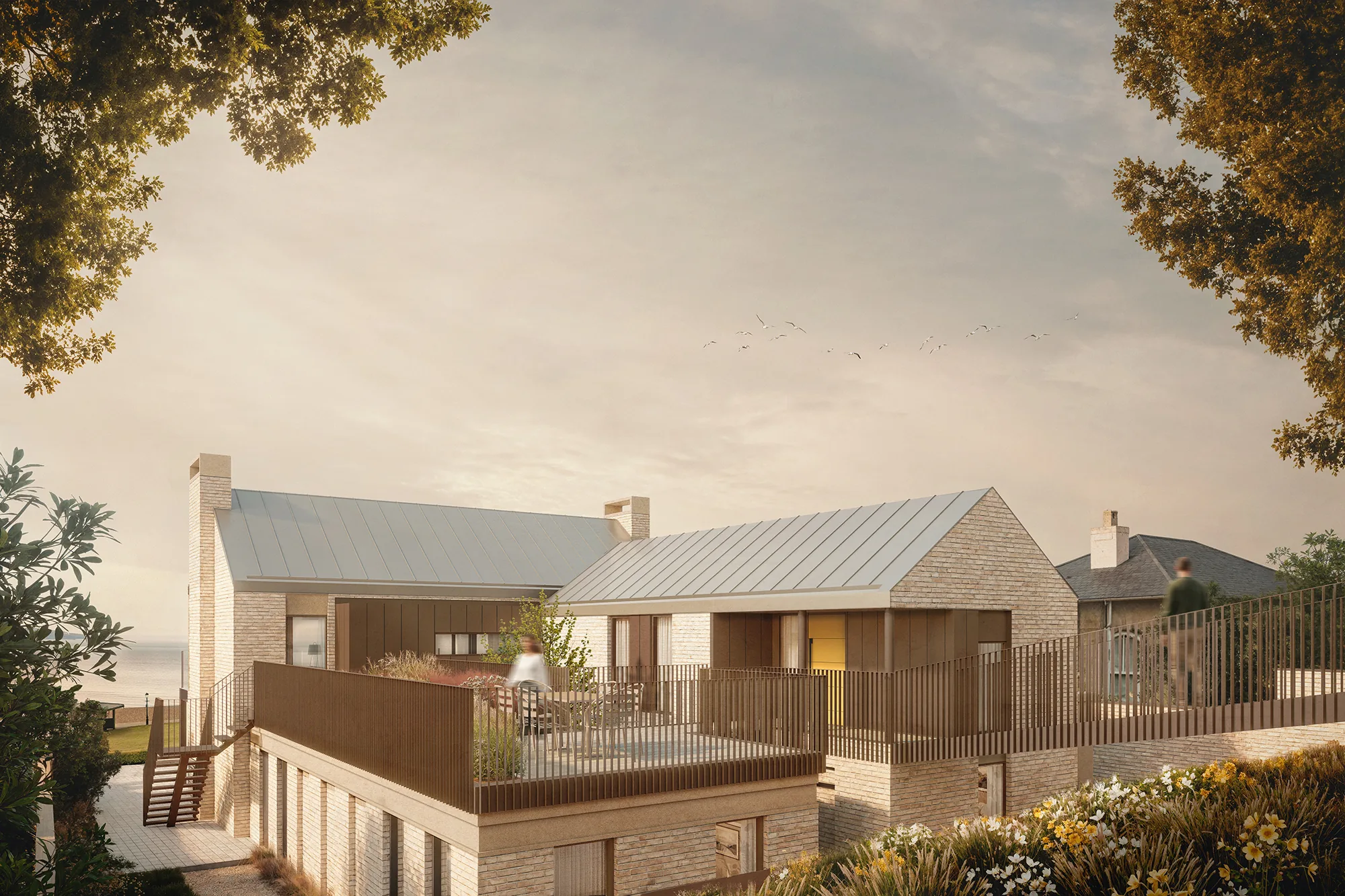 CGI render of the Queens Road house at Cowes, standing seam metal roofs and a sheltered roof terrace above the Solent
