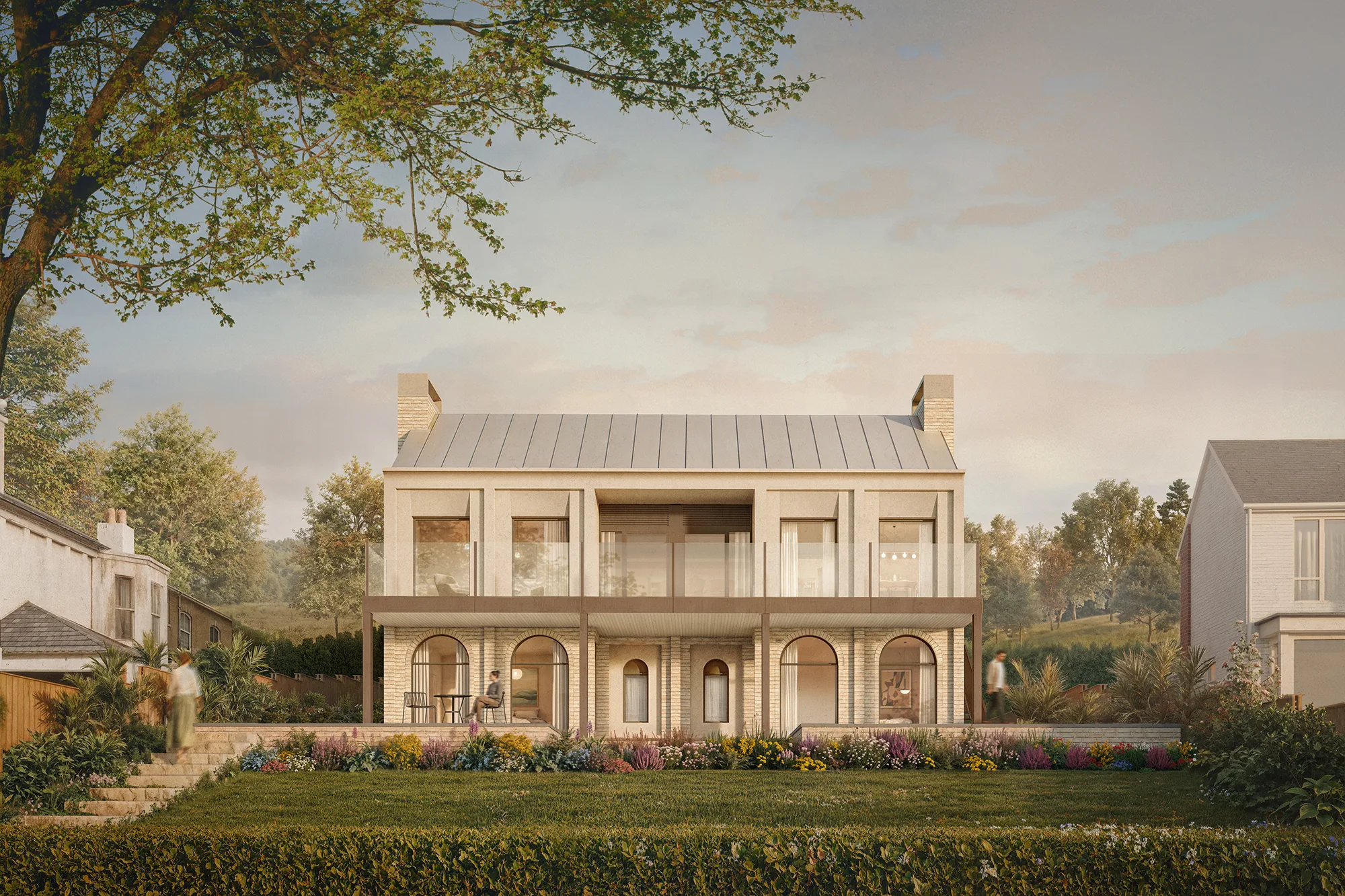 CGI render of the symmetrical principal elevation at Queens Road, Cowes, brick and ashlar stone above a terraced garden CGI render of the symmetrical principal elevation at Queens Road, Cowes, brick and ashlar stone above a terraced garden