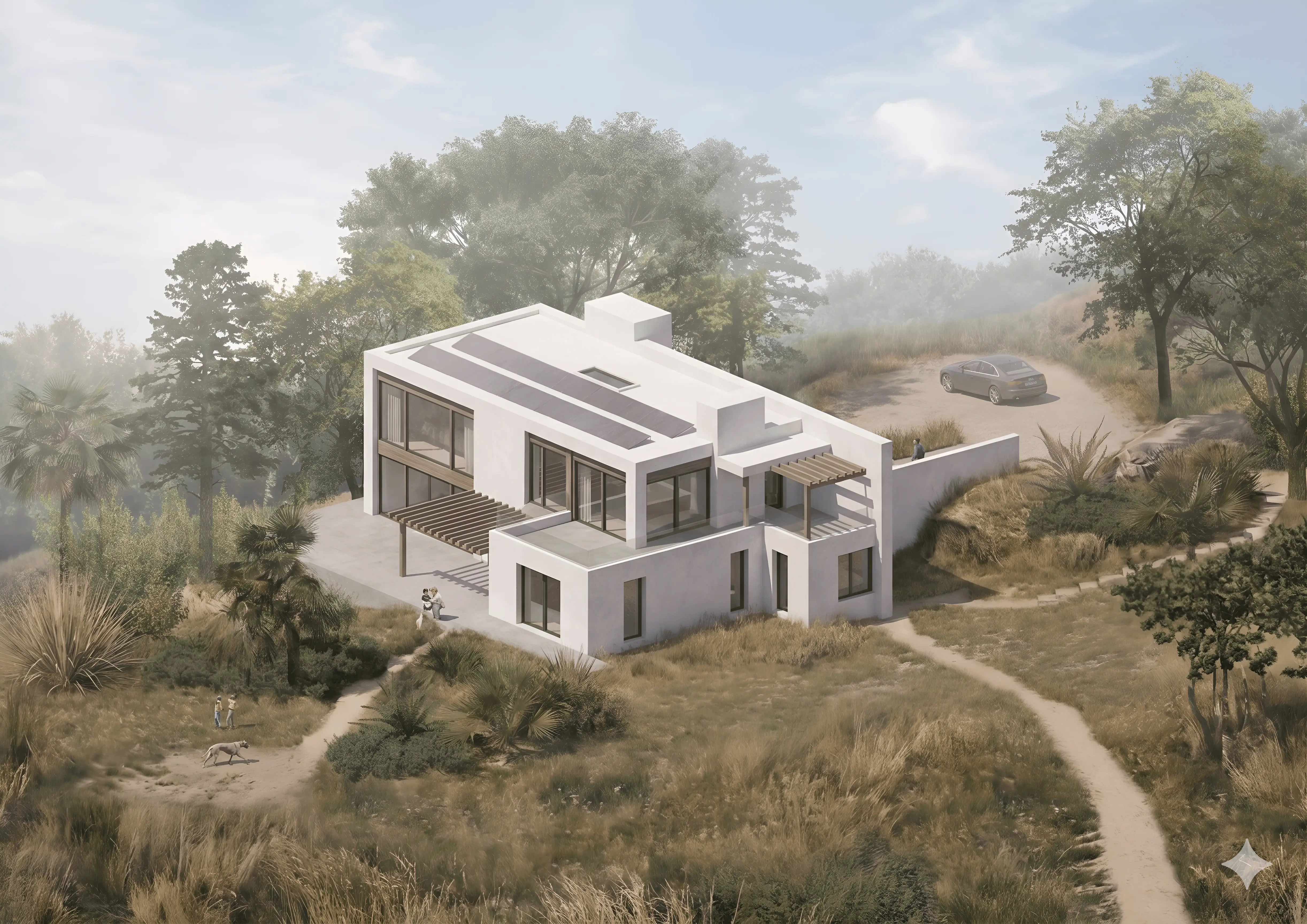 Aerial CGI render of the St Lawrence dwelling showing the solar roof and terraces