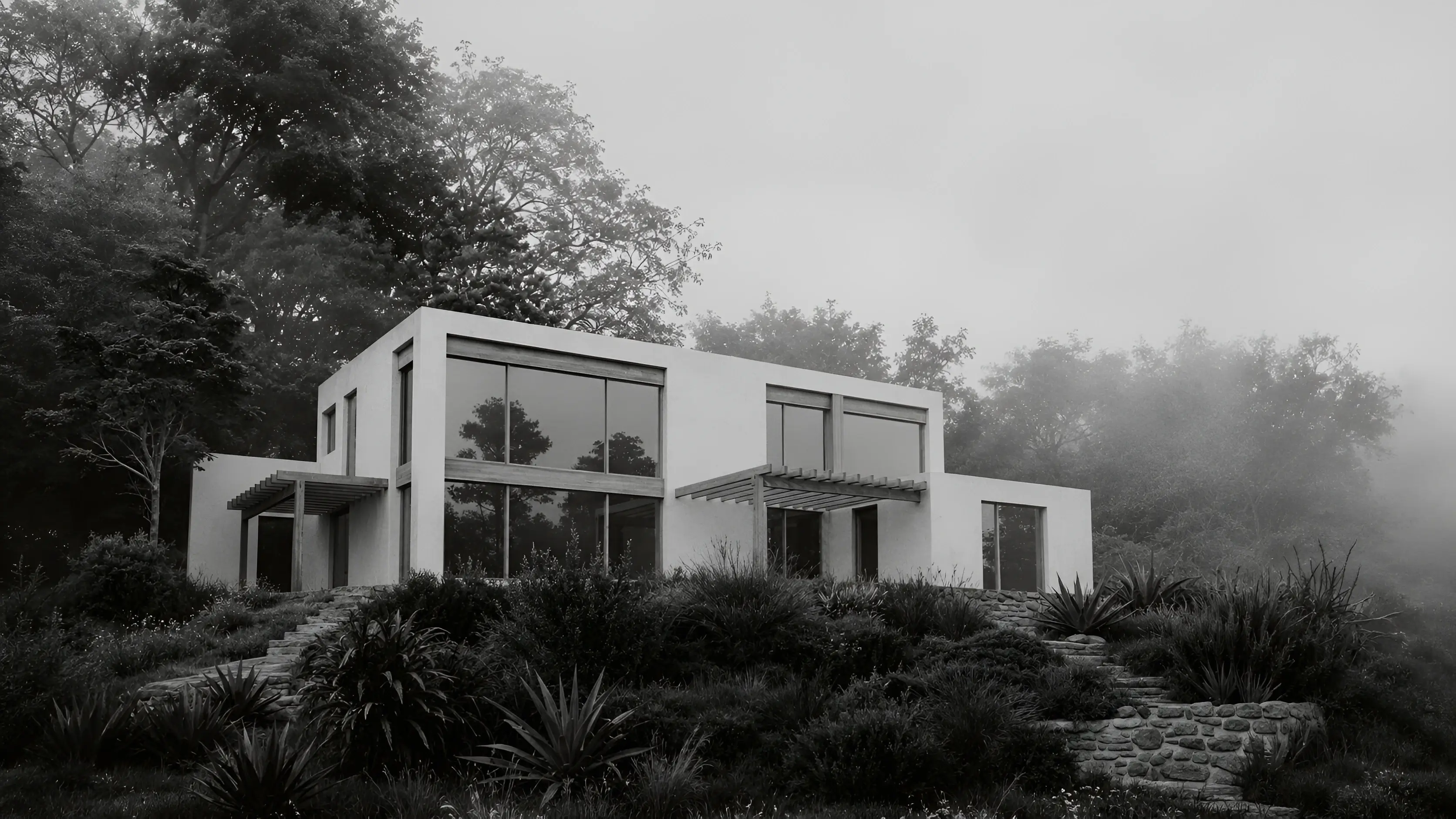 CGI render of the garden elevation of the St Lawrence dwelling in mist on the Undercliff