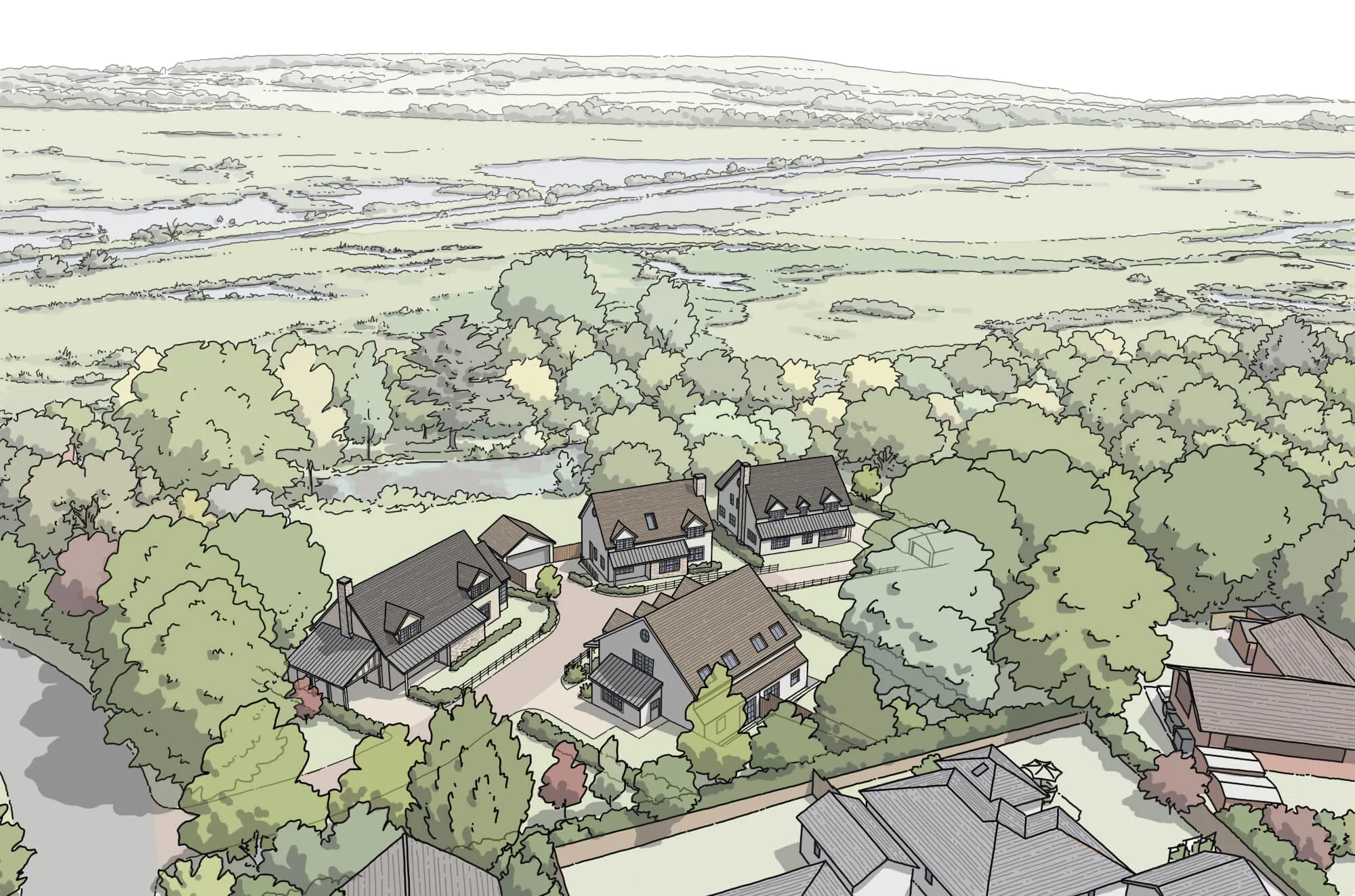 Illustrated aerial view of the Station House scheme at St Helens, new houses in a wooded clearing above Brading Marshes