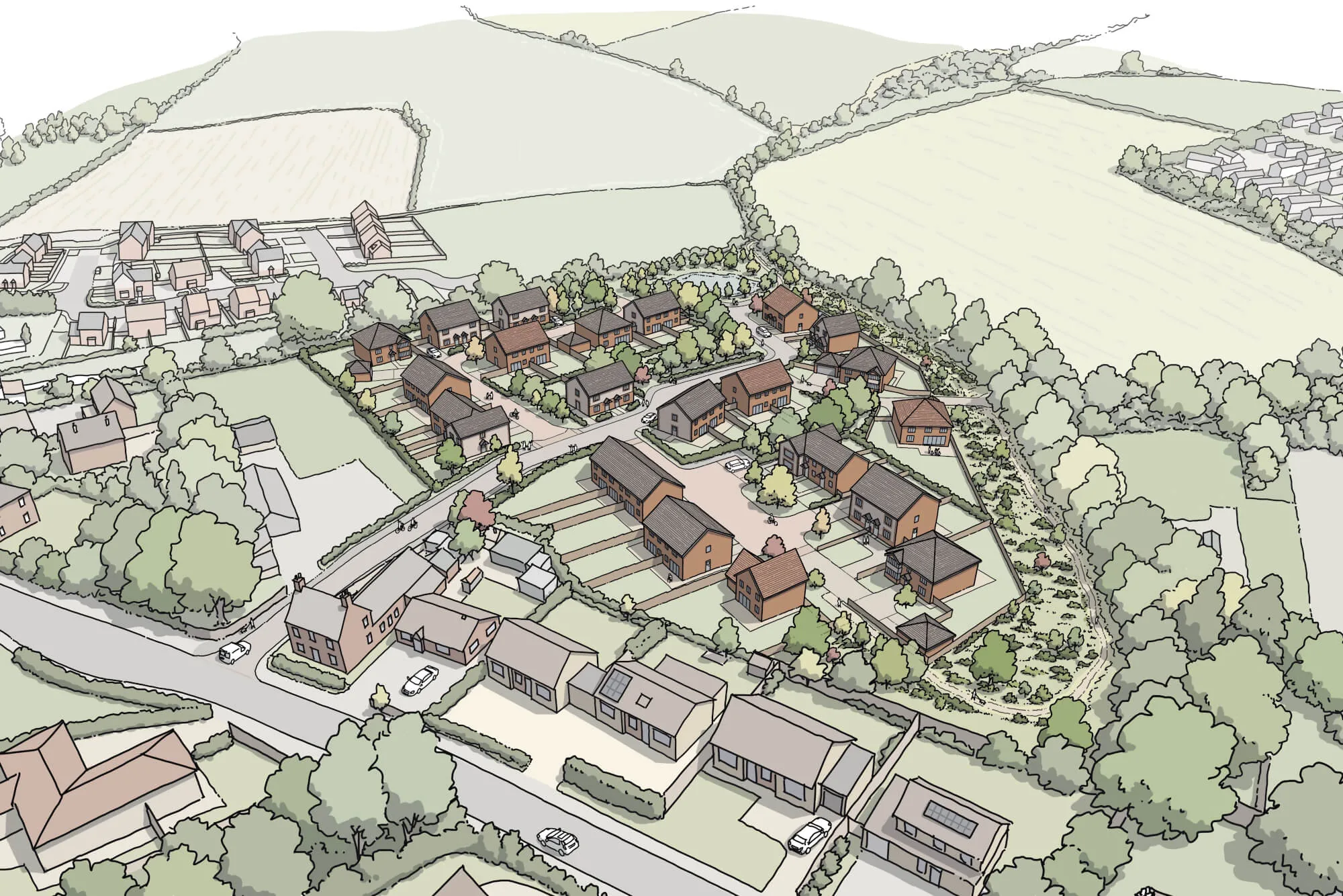 Illustrated aerial view of The Lodge at Rookley, a new rural community of houses among hedgerows, meadows and a pond