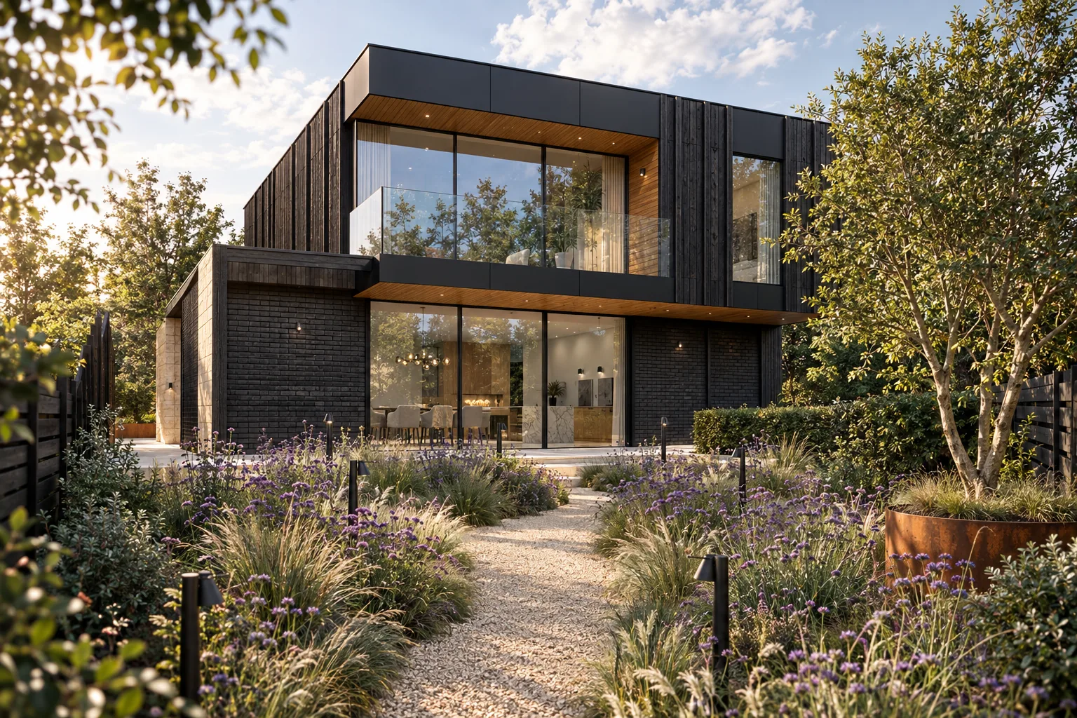 CGI render of the rear garden terrace at Worsley Road, Gurnard, with full-height glazing below the black timber first floor CGI render of the rear garden terrace at Worsley Road, Gurnard, with full-height glazing below the black timber first floor
