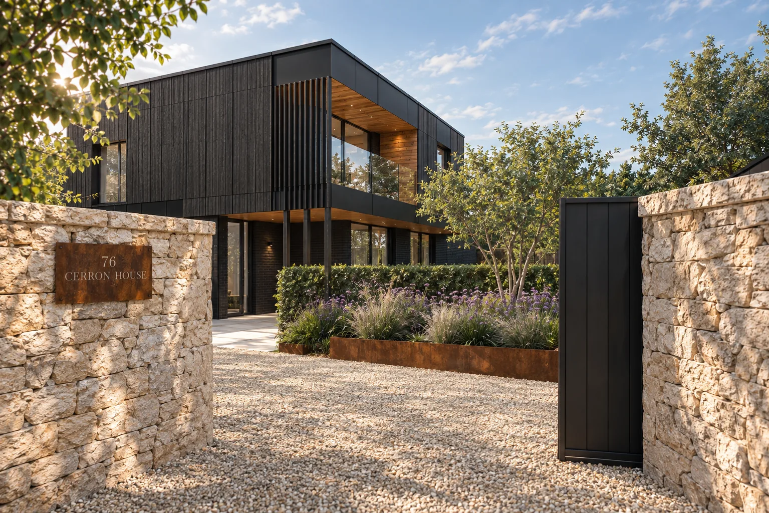CGI render of the black timber-clad dwelling on Worsley Road, Gurnard, at dusk with the pool terrace lit