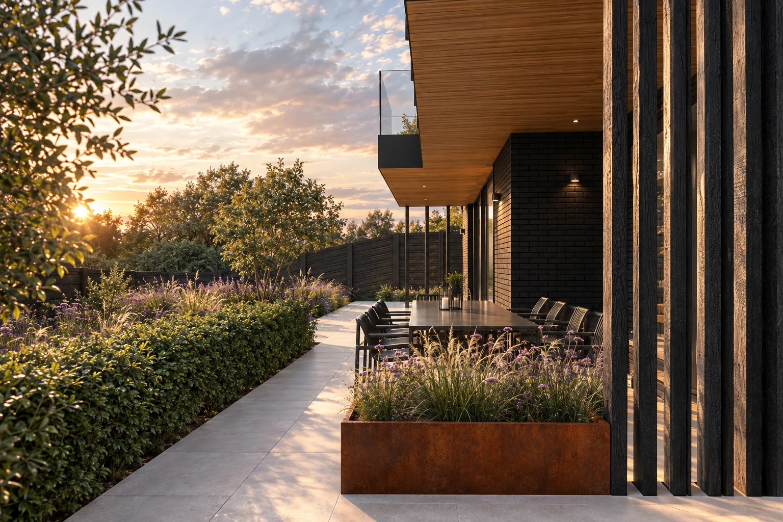 CGI render of the Worsley Road dwelling at golden hour beside a neighbouring house in Gurnard CGI render of the Worsley Road dwelling at golden hour beside a neighbouring house in Gurnard