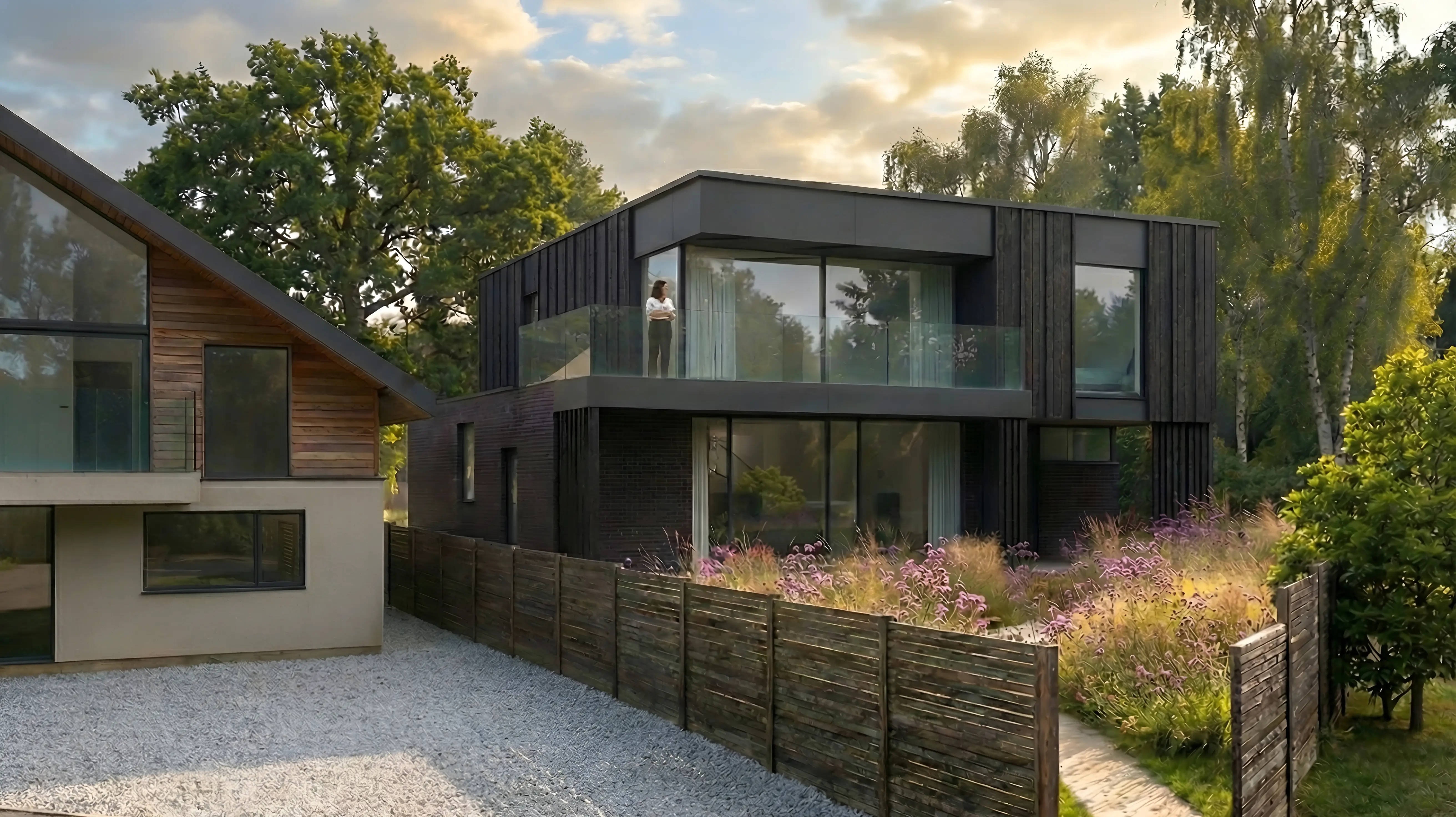 CGI render of the Worsley Road dwelling at golden hour beside a neighbouring house in Gurnard CGI render of the Worsley Road dwelling at golden hour beside a neighbouring house in Gurnard