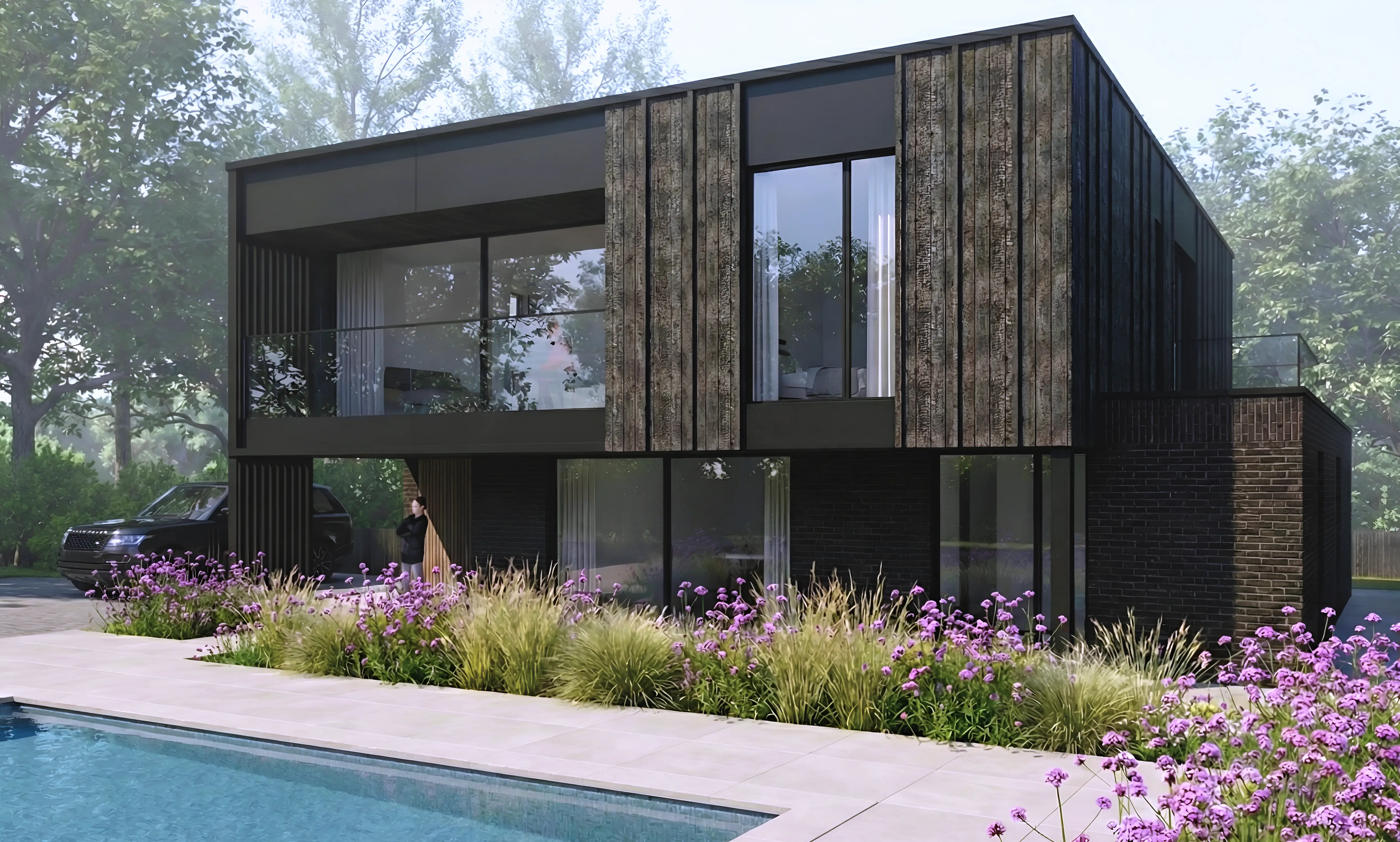 CGI render of the pool terrace and carport at Worsley Road, Gurnard, framed by coastal planting CGI render of the pool terrace and carport at Worsley Road, Gurnard, framed by coastal planting