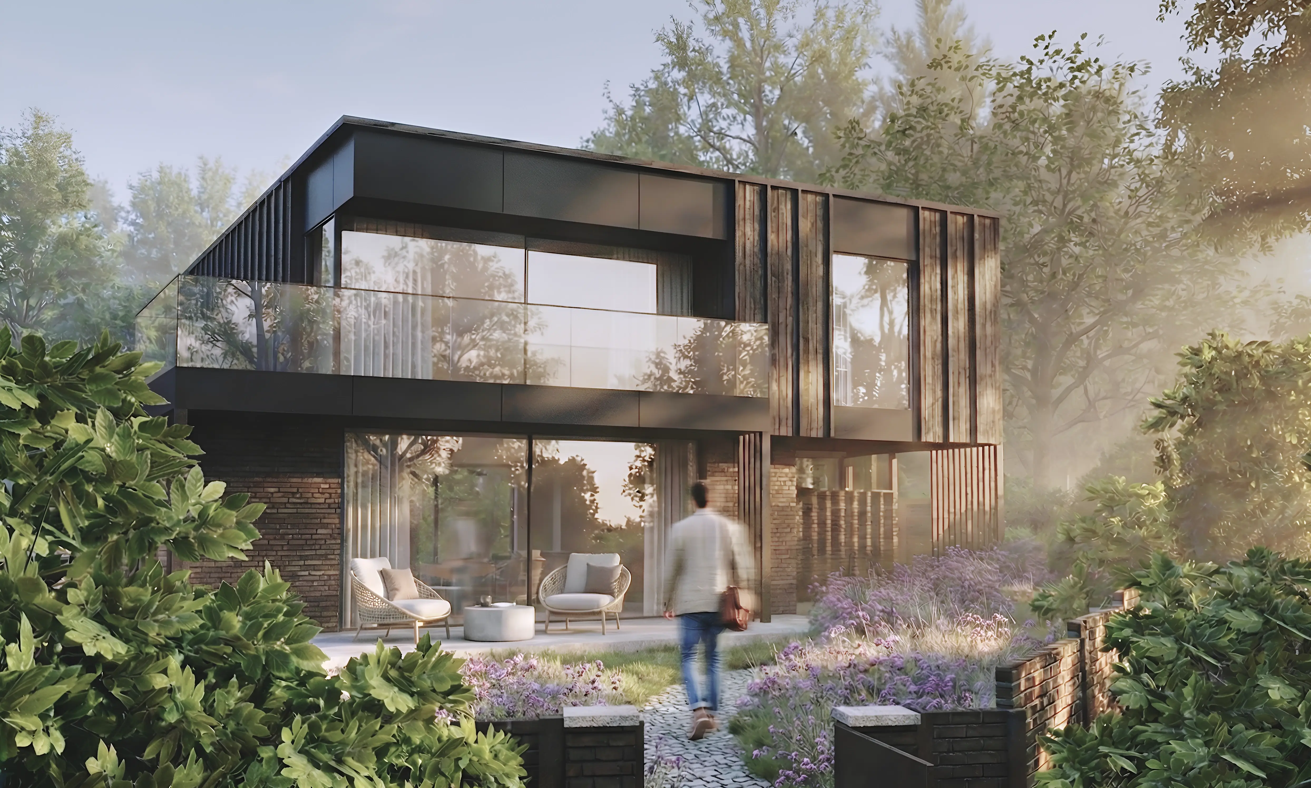 CGI render of the rear garden terrace at Worsley Road, Gurnard, with full-height glazing below the black timber first floor CGI render of the rear garden terrace at Worsley Road, Gurnard, with full-height glazing below the black timber first floor